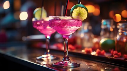 A group of stylish pink girlish cocktails in glasses with high stems at the bar counter. Generative AI