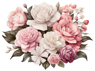 Watercolor bouquet of pink gardenia and colorful flowers arrange in bouquet. Pastel flower bunch. Floral graphics decoration.