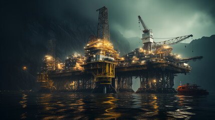 View of Oil rig at early morning. Offshore drilling rig extracting crude oil on the Nordic sea or ocean