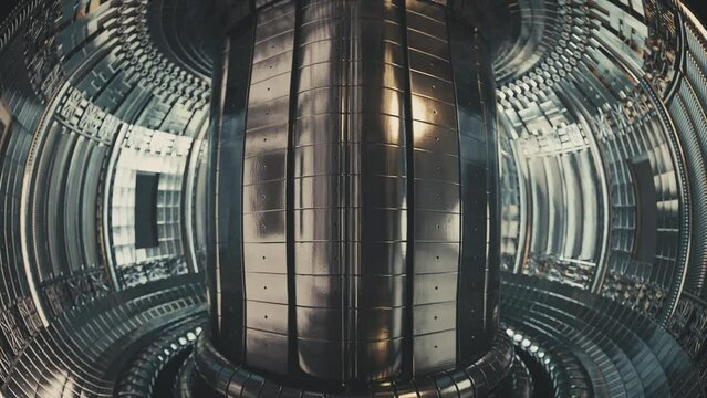 Inside of a fusion reactor. ITER, International fusion reactor, tokamak. Nuclear fusion, clean energy concept. Sci-fi, science fiction. Future of energy. High quality 4k cinematic animation. 