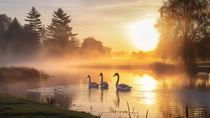 Early Morning on the Golf Course Pond Geese Sunny