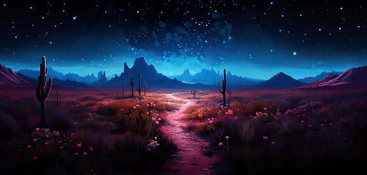 Blue night over Western desert valley landscape with low vegetation bushes and cacti, a path leading to the big sandstone buttes	