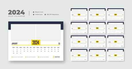 Desk calendar design template 2024, New Year 2024 table calendar, Monthly planner design in corporate and business style, 12 months included - obrazy, fototapety, plakaty