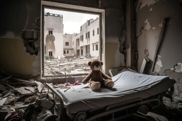 Bear on hospital bed, bombed city damage. Nation ruined civil building. Generate Ai - obrazy, fototapety, plakaty