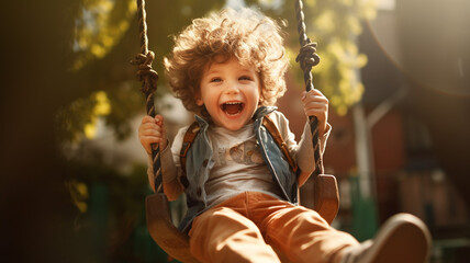 Amazing Funny Kid Playing In A Swing - obrazy, fototapety, plakaty