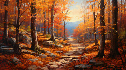 A painting of a path in a forest with fall leaves - obrazy, fototapety, plakaty