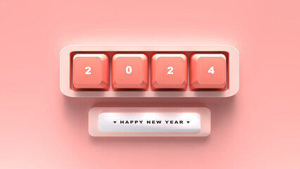 3D Rendering. Happy new year on the cute keyboard with red smooth tone.
