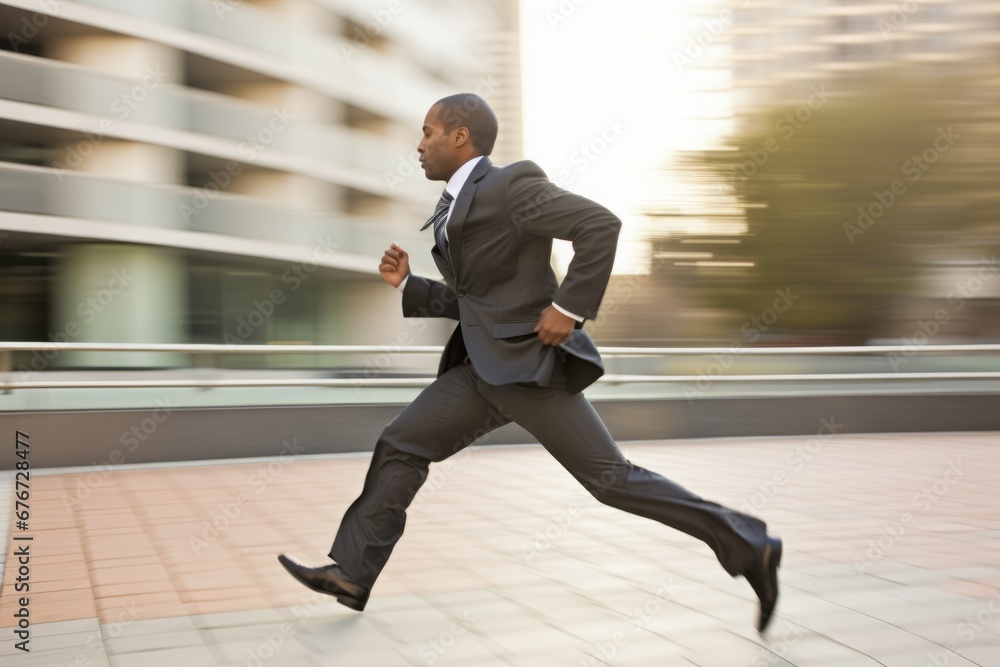 Poster businessman run fast to work. active walking manager fast job. generate ai