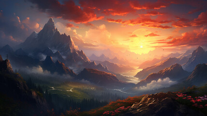 Fantastic Mountain Landscape at Sunset