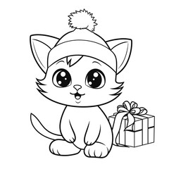 A Cat In A Santa Hat With A Gift Santa Hat Gift, Coloring Pages Png