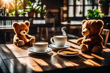 Coffee latte and lovely brown two teddy bear sit on wooden table sit on wooden table in coffe shop...