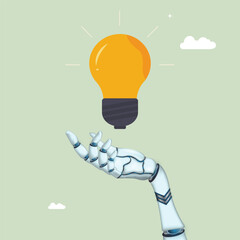 Robot rise hand and give idea, ai chat bot, chatbot answering, problem solving concept flat vector illustration - obrazy, fototapety, plakaty