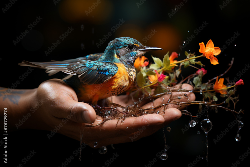 Poster a person releasing a vibrant bird from their hand, representing the liberation and growth that come 