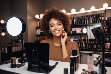 Home live streaming and broadcast person young beauty blogger woman in with online cosmetics and beautician shopping store shelf background. - obrazy, fototapety, plakaty