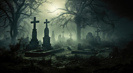 Graveyard cemetery In Spooky dark Night full moon. Holiday event halloween background concept.