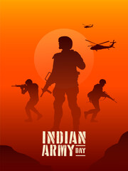 Indian Army Day, military illustration, army background, soldiers silhouettes.
