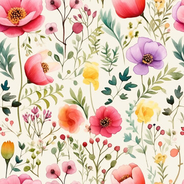 Seamless floral pattern with watercolor flowers. Vector illustration.