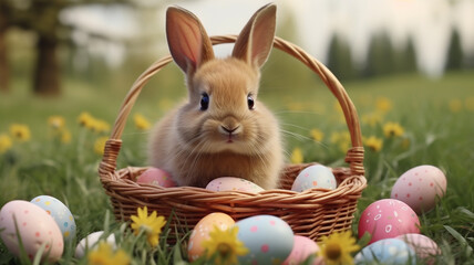 cute rabbit with Easter eggs in a small white basket with a small red ribbon Placed on a small, open, green field. easter day concept