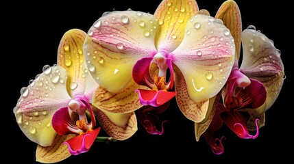 Orchid flower with water drops isolated on black background. Close up. Mother's day concept with a space for a text. Valentine day concept with a copy space.