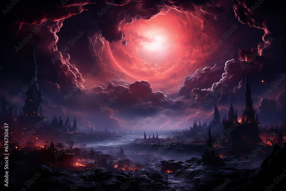 Fototapete a conceptual artwork of a planet surrounded by a protective layer of gas clouds, hinting at the myst