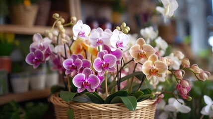 Naklejka na ściany i meble Beautiful orchid flowers in basket on blurred background, closeup. Mother's day concept with a space for a text. Valentine day concept with a copy space.