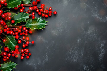 Christmas background with green branches and red holly berries. Top view