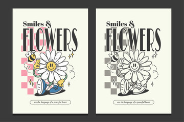 groovy 70s posters with a cute flower cartoon character, vector illustration
