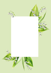 Watercolor postcard with bouquet of lilies of the valley flowers isolated on white background. Spring hand painted illustration. For designers, wedding, decoration, postcards, wrapping paper, scrap