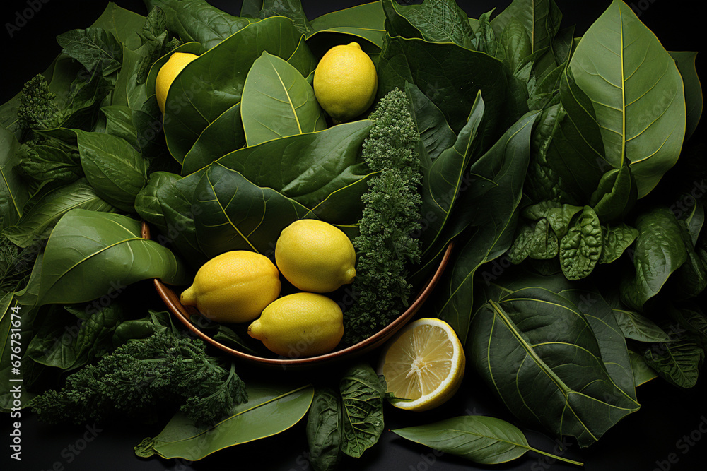 Poster A backdrop of lush bay leaves, neatly arranged, adding depth and fragrance to a culinary-themed image. 
