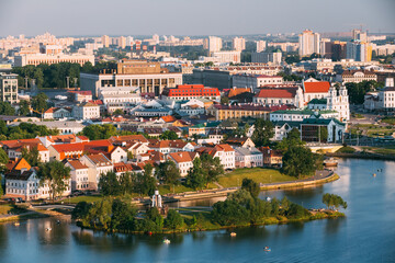 Fototapeta na wymiar Aerial view, cityscape of Minsk, Belarus. Summer season, sunset time. Nemiga district