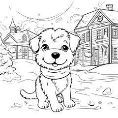 A Dog Playing In A Snowy Christmas Village Snowy , Coloring Pages Png