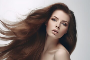 Fototapeta premium Beautiful long hair. Beauty with luxurious straight brown hair. Beautiful model on a white background.Generative AI