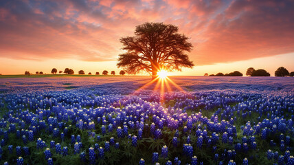 Texas Bluebonnet Wildflower Spring Field at Sunrise - obrazy, fototapety, plakaty