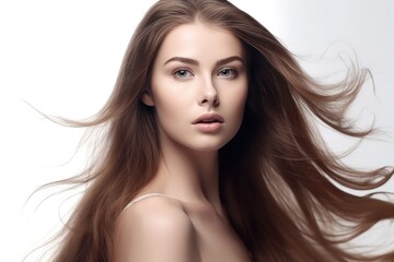 Naklejka premium Beautiful long hair. Beauty with luxurious straight brown hair. Beautiful model on a white background.Generative AI