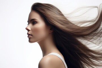 Fototapeta premium Beautiful long hair. Beauty with luxurious straight brown hair. Beautiful model on a white background.Generative AI