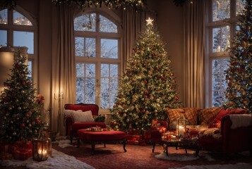 Fototapeta na wymiar the Christmas spirit in a cozy and inviting living space. Enjoy the roaring fireplace, plush chairs, flickering candles, and sparkling Christmas tree all set against a broad window