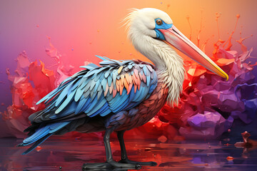 Fototapeta premium A pastel-colored geometric-themed Pelican illustration with angular shapes and delicate pastel shades, capturing the wisdom and grace of this majestic bird. 