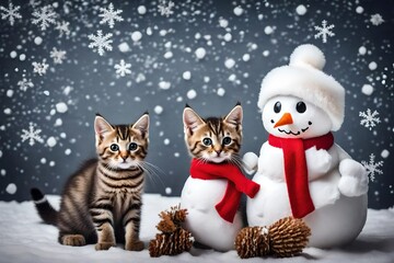 Little tabby kitten with toy snowman on neutral background. 
