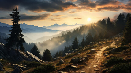 Beautiful Trail to the Peak in Carpathian Mountains - obrazy, fototapety, plakaty