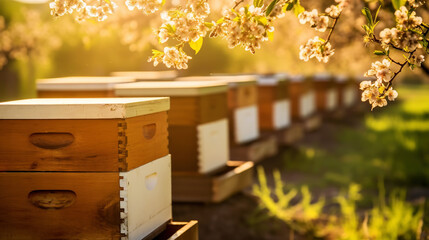 Closeup of honey hives in an apiary, sunny day. Apiculture concept. Generative AI