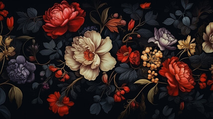 Fantastic Vintage Bouquet of Beautiful Flowers on Black