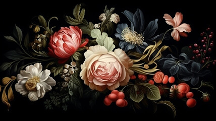 Beautiful Vintage Bouquet of Beautiful Flowers on Black