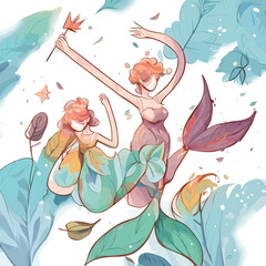 Two Mermaid Girls watercolor illustration