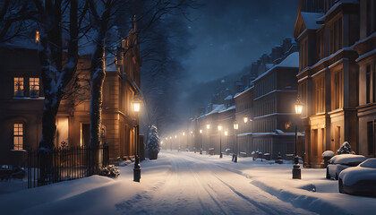 A snowy street at night, lit by streetlights in a cozy winter scene  - obrazy, fototapety, plakaty