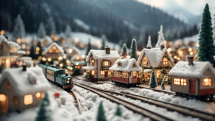 Fantasy winter wonderland, full of tiny details, railroad, lights, houses, snow, bokeh, Christmas	