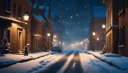 A snowy street at night, lit by streetlights in a cozy winter scene 