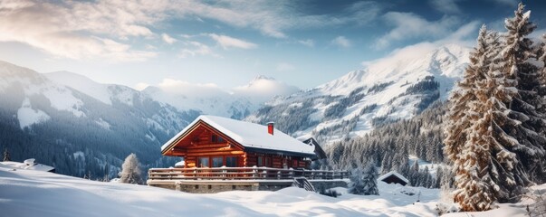 Cozy cabin in wild nature. Landscape covered with snow. Generative AI. - obrazy, fototapety, plakaty