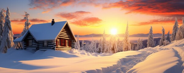 Cozy cabin in wild nature. Landscape covered with snow. Generative AI. - obrazy, fototapety, plakaty
