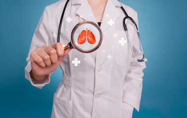 Female doctor in white coat holding magnifier focus to virtual lungs surrounded by oxygen. Doctor...