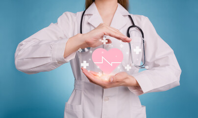 Female doctor hands protective gesture heartbeat icon. health and medical, heart attack, heart...